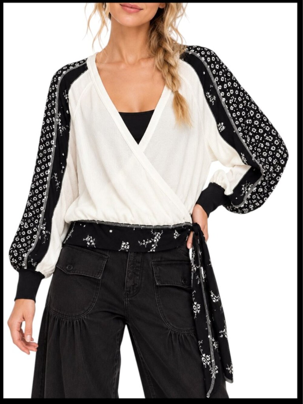 Free People Auxton Thermal Wrap Top Ivory Black Floral Waffle Knit M